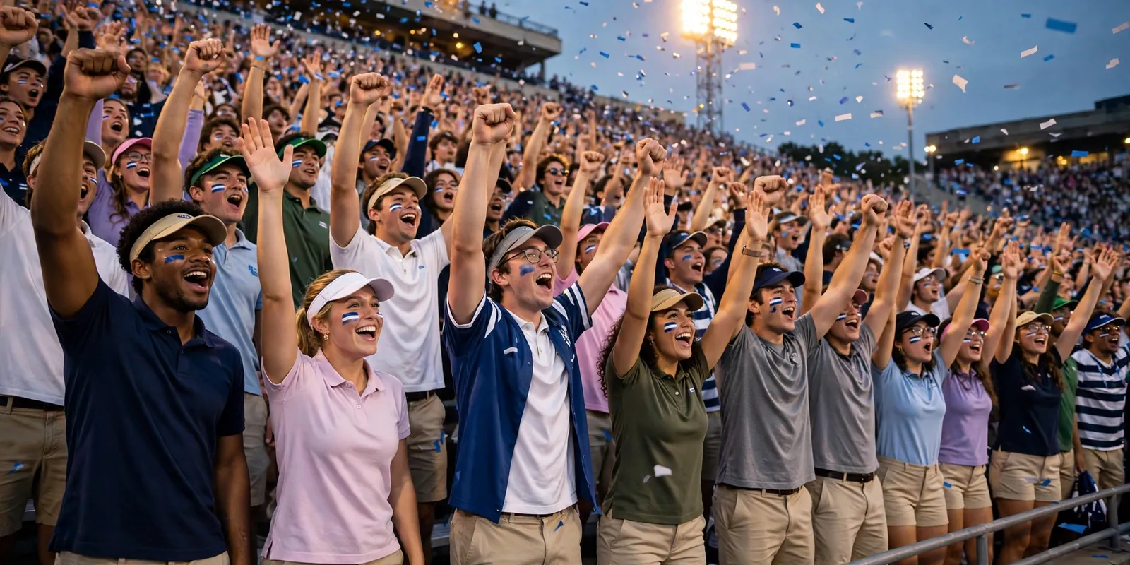 College students in frat night game-day outfits cheering in a stadium student section at dusk