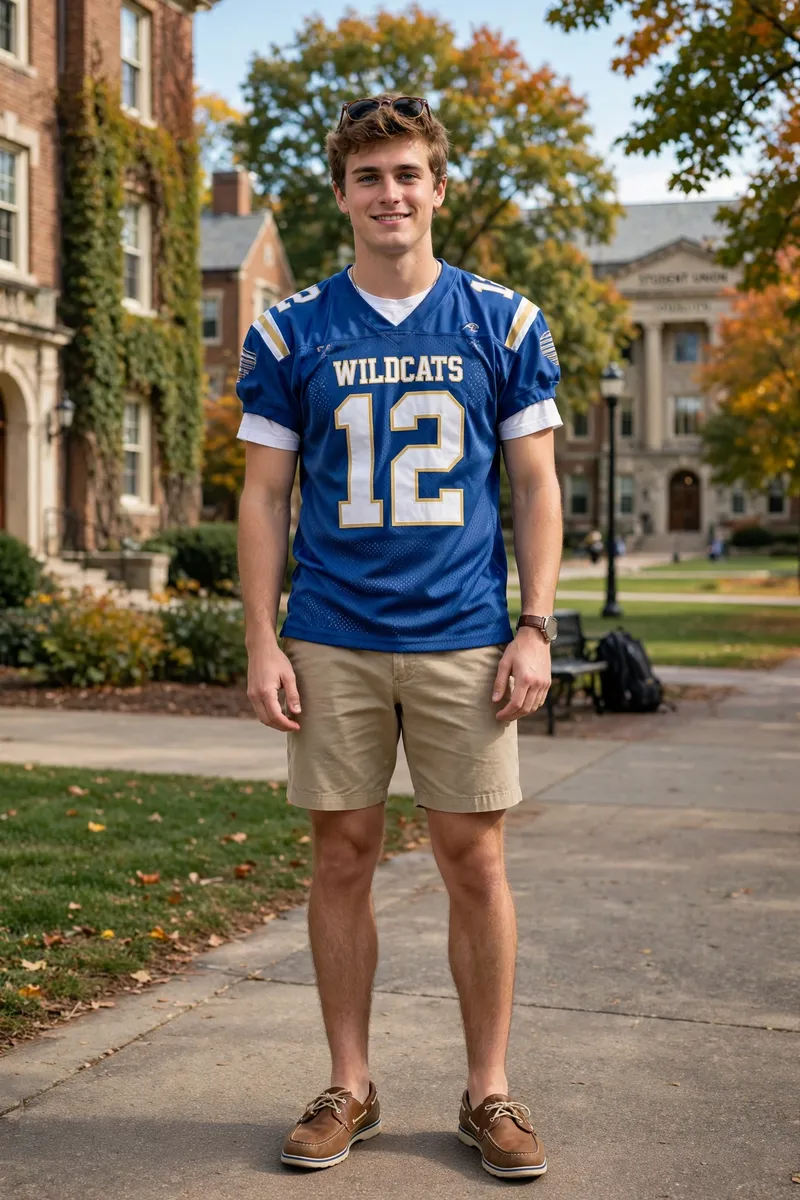 Guy in team jersey with khaki shorts and sunglasses for classic frat out look
