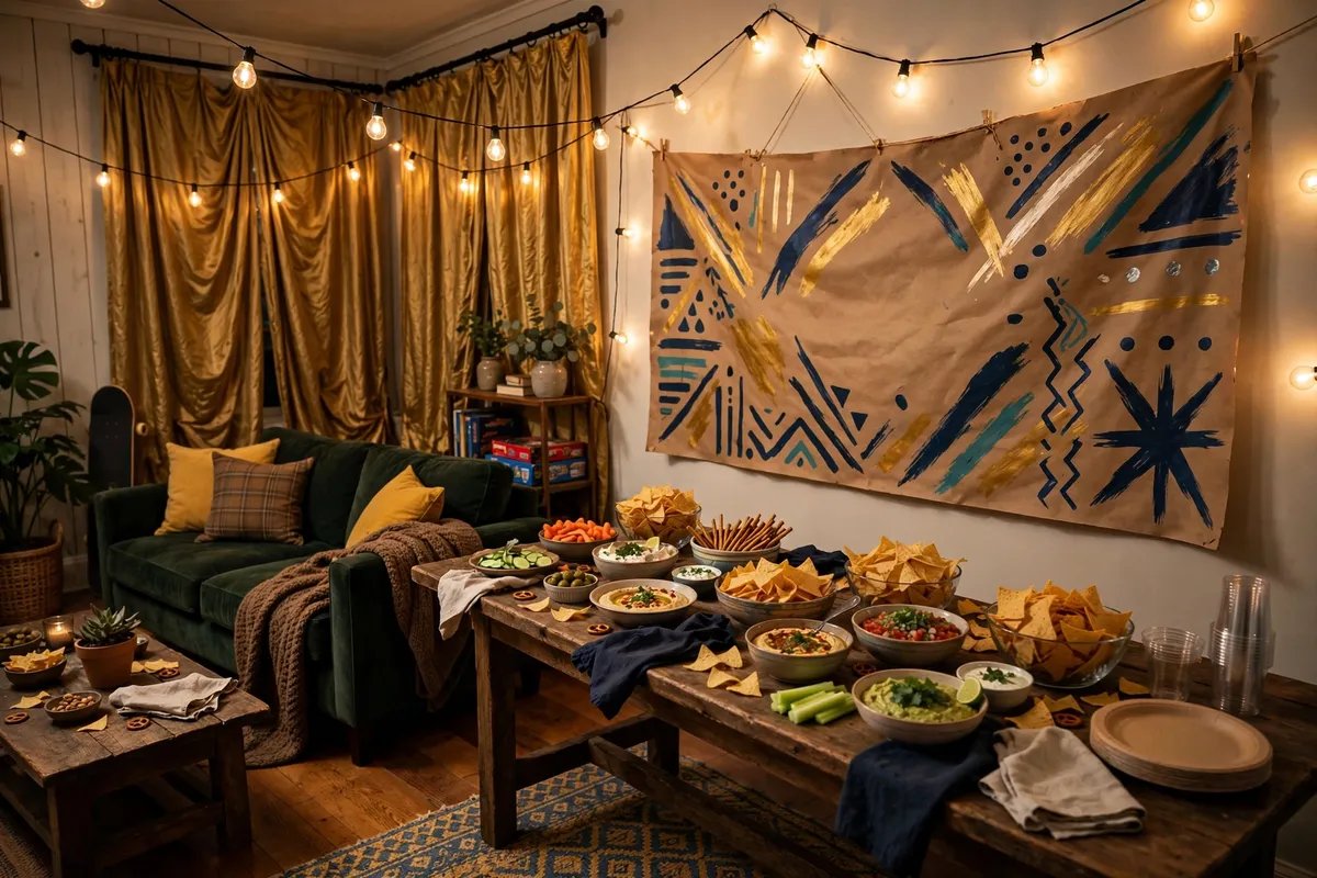 Frat house living room decorated for a rhyming theme party night with string lights, gold curtains and a snack table