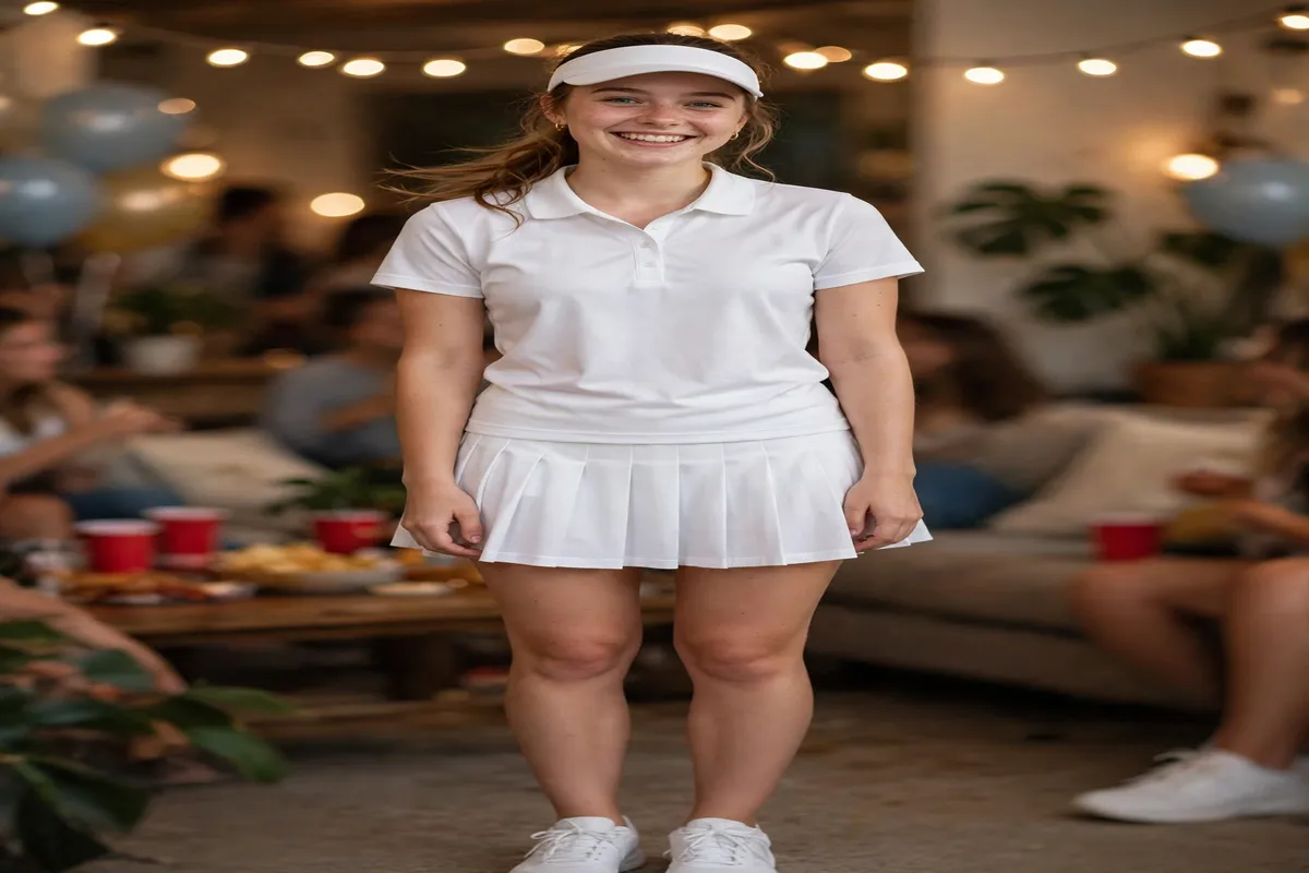 Young woman in a white tennis outfit with pleated skirt and visor for a rhyming frat party theme