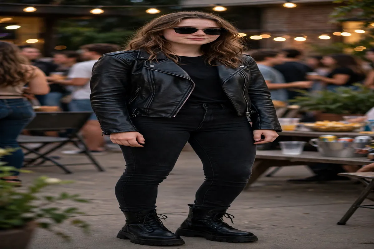 Young woman in a biker costume with faux leather jacket and boots for a rhyming frat party theme