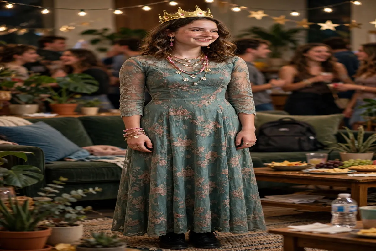 Young woman in a thrifted prom gown and gold plastic crown for a Crown and Gown theme