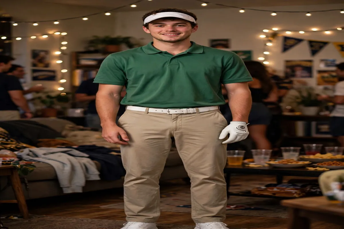 Young man in a golfer costume with polo shirt, khakis and visor for a rhyming frat party theme