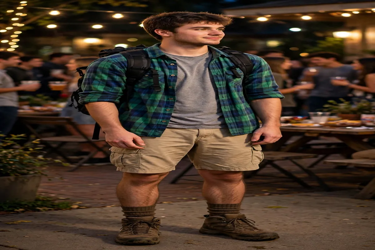 Young man in a hiker costume with flannel shirt, cargo shorts and backpack for a rhyming frat party theme