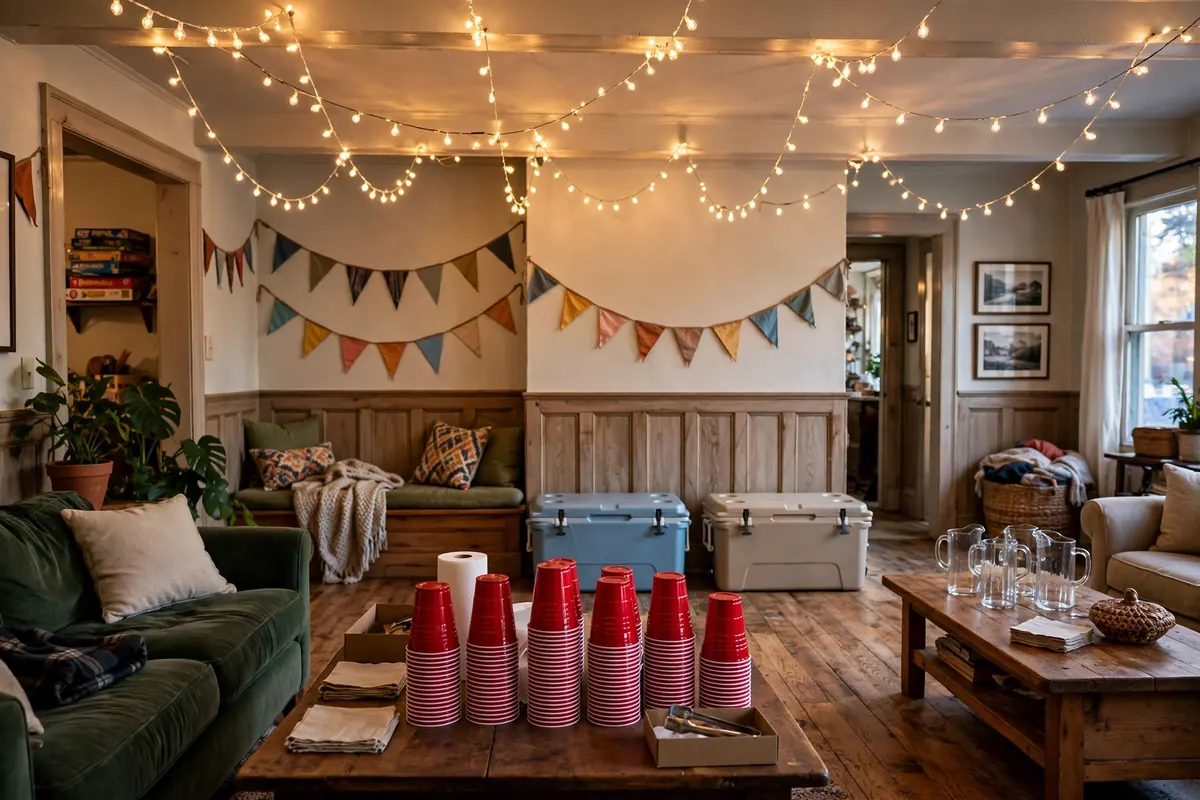 Frat house party room decorated with LED lights, tapestries, and Greek letters