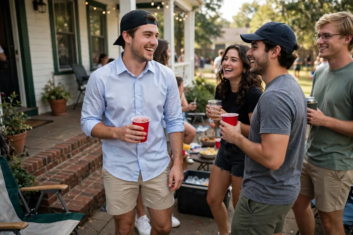 Guy in a classic frat outfit with polo shirt and chino shorts