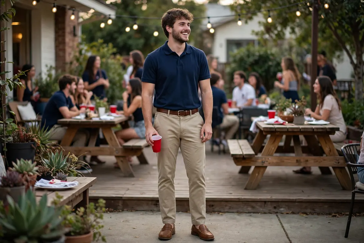 Guy wearing a Hawaiian shirt at a beach frat theme party