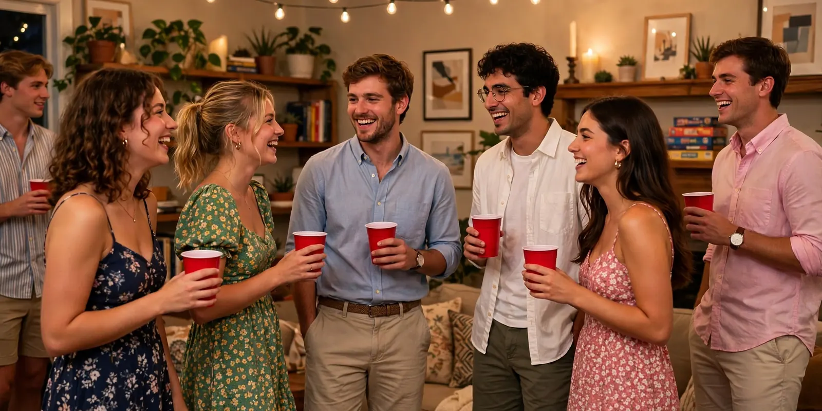 College students at a frat theme party wearing themed outfits and having fun