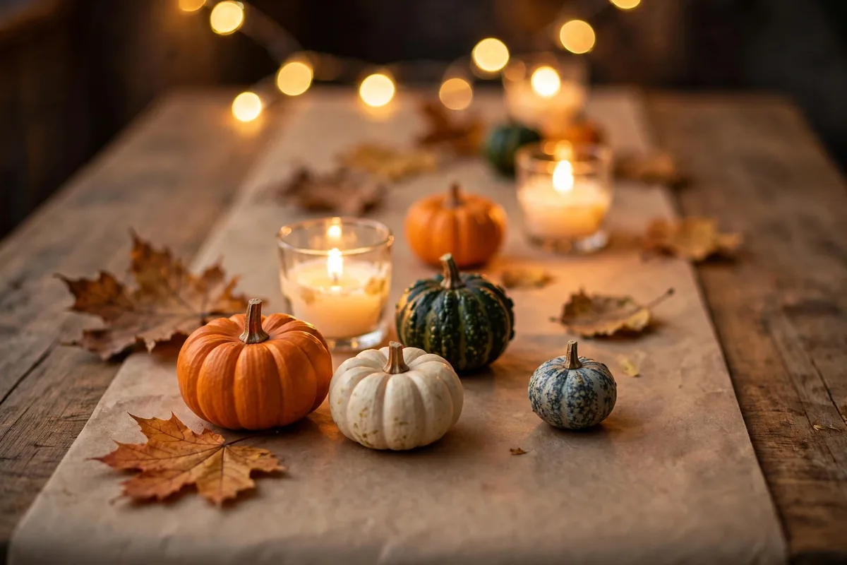 Close-up of a Friendsgiving table with mini pumpkins, candles and a kraft-paper runner