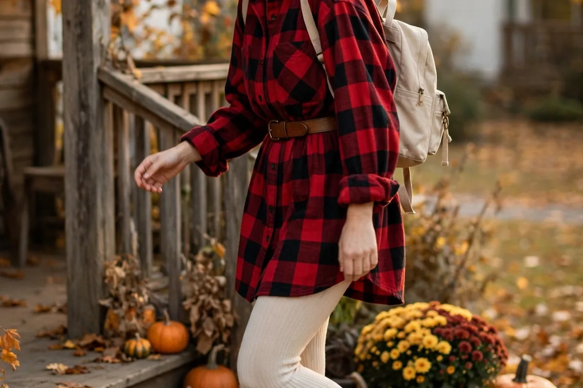 Girl in an oversized red buffalo-check flannel shirt dress, cream tights and suede ankle boots