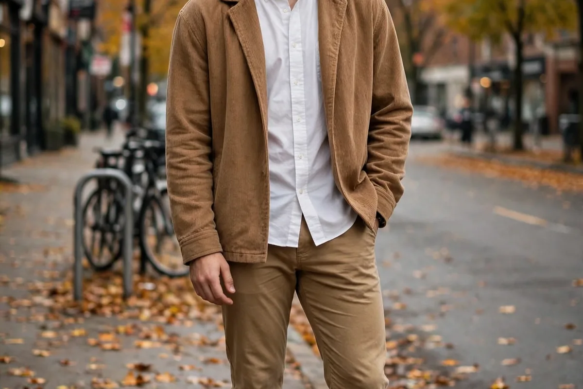 Guy in a camel overshirt over a white oxford shirt, tan chinos and brown boots