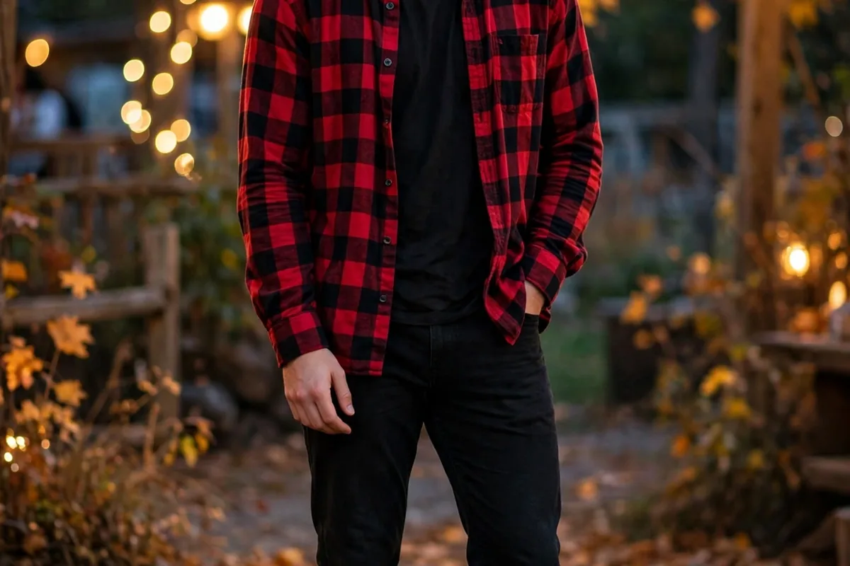 Guy in a red-and-black buffalo check flannel over a black tee, black jeans and boots