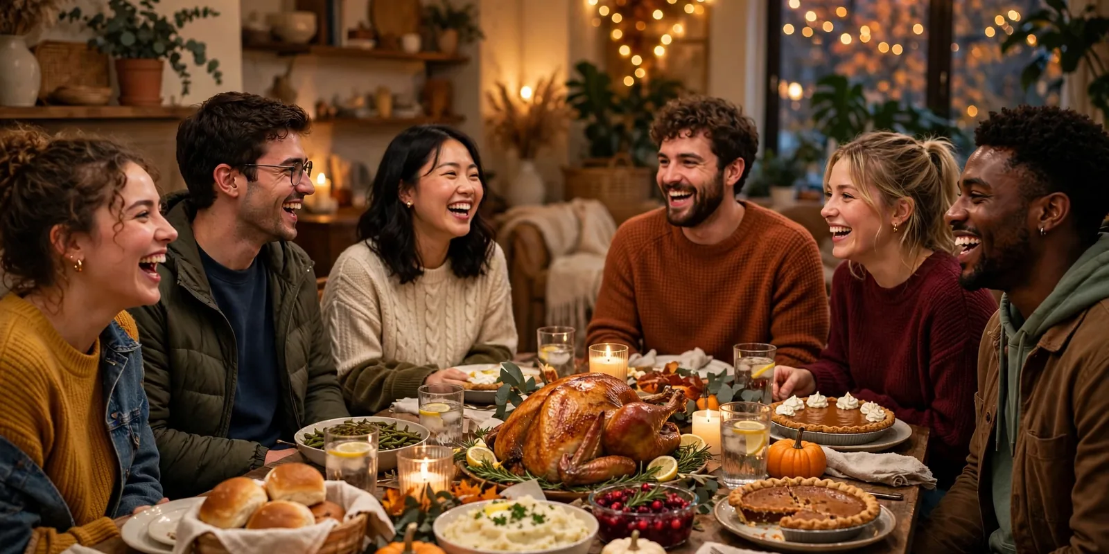 College friends laughing around a warm Friendsgiving dinner table with string lights in a cozy fall apartment