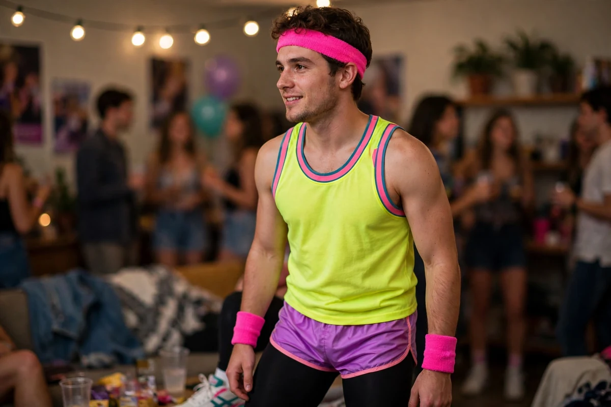 Man in an 80s Workout Guy outfit with a neon headband, sweatbands, short shorts and high-top sneakers