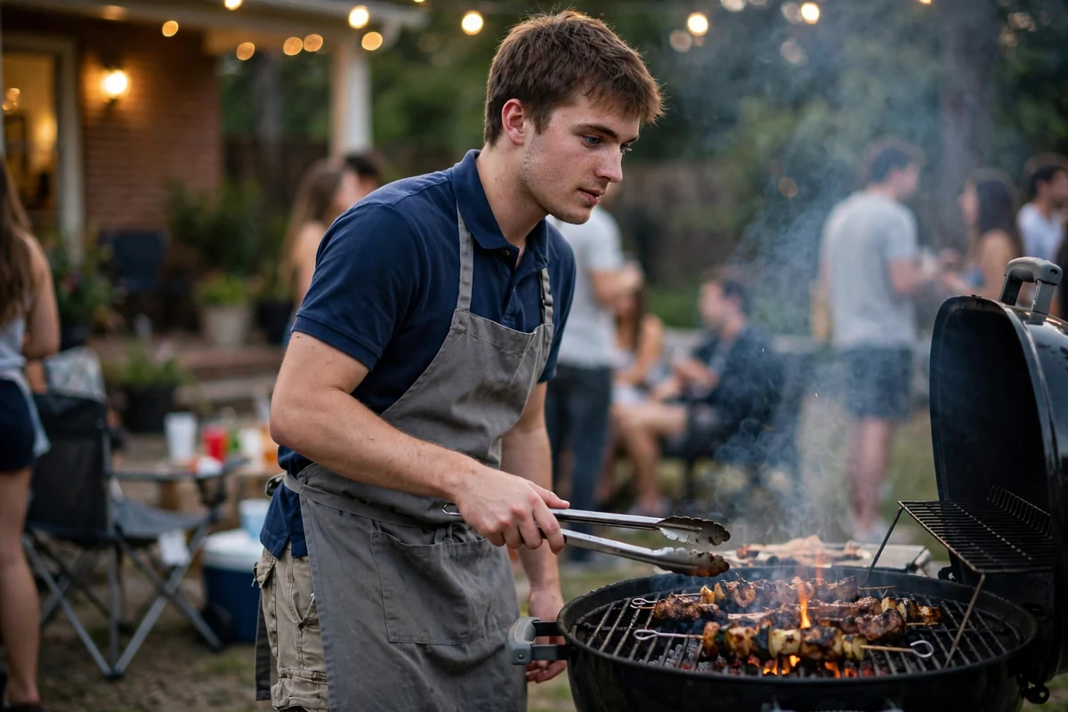 Man in The BBQ Dad outfit with a Kiss the Cook apron, cargo shorts, baseball cap and grill tongs