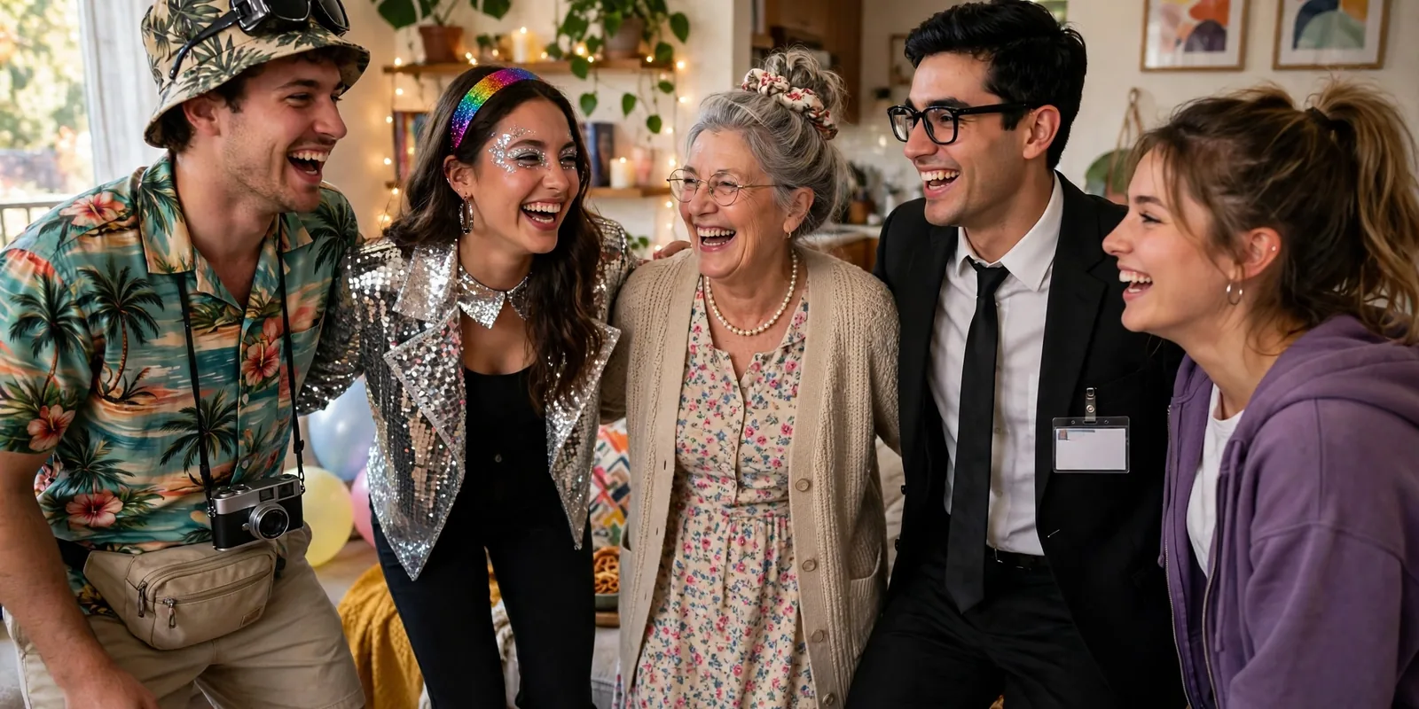 Friends laughing at a funny party with a disco ball, bright streamers and guests in silly costumes