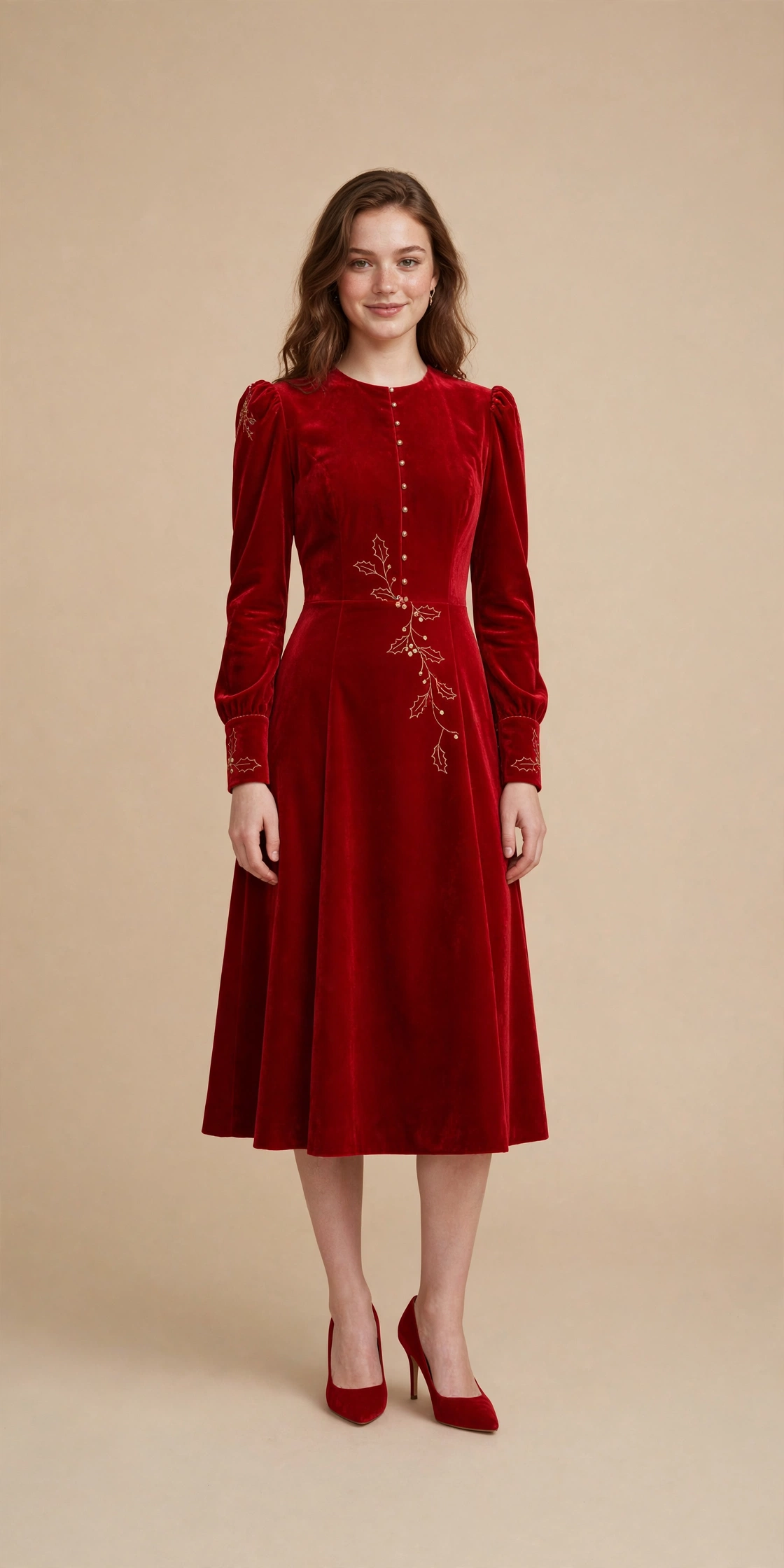 Young woman in a burgundy velvet mini dress with gold heels at a Christmas party