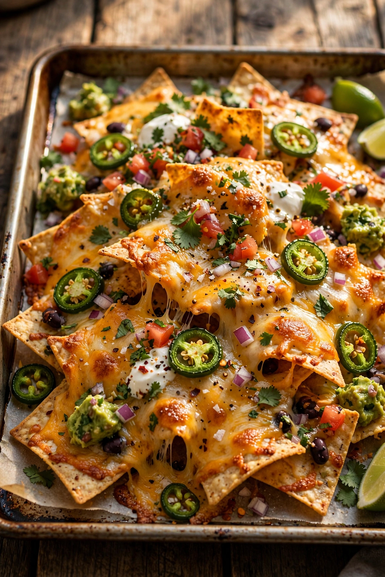 Close-up of loaded sheet-pan nachos with melted cheese and jalapeños