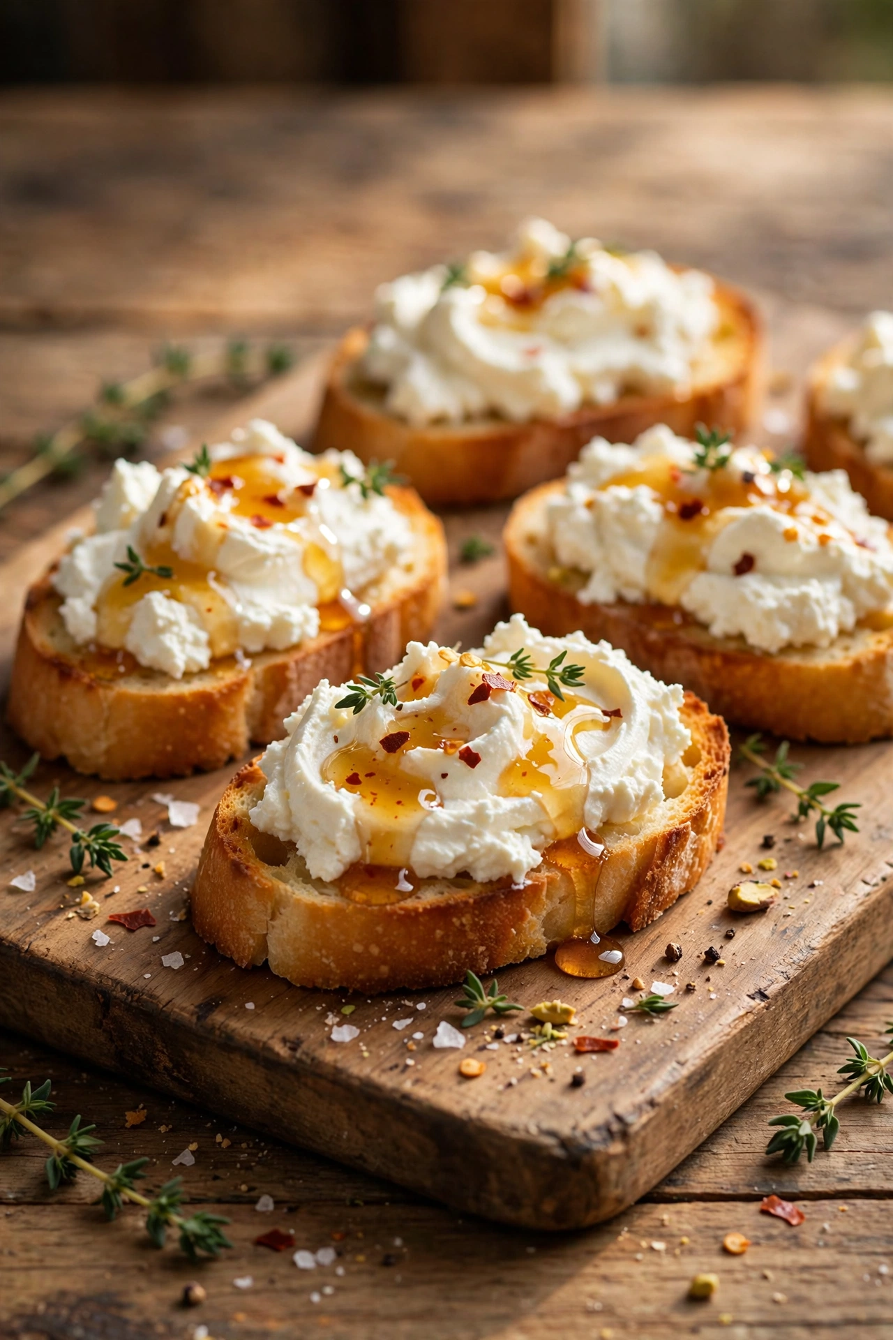 Whipped feta crostini on a wooden board with hot honey drizzle