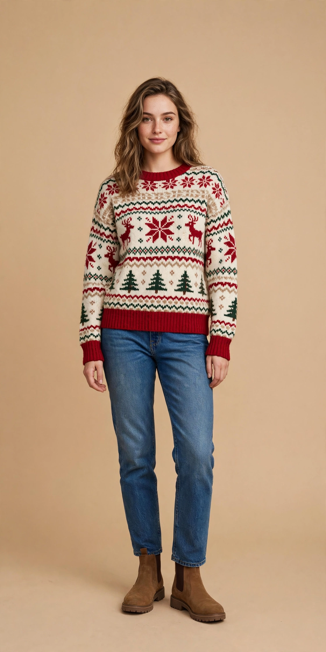 Young woman in a cozy cream knit sweater and plaid skirt at a Christmas party