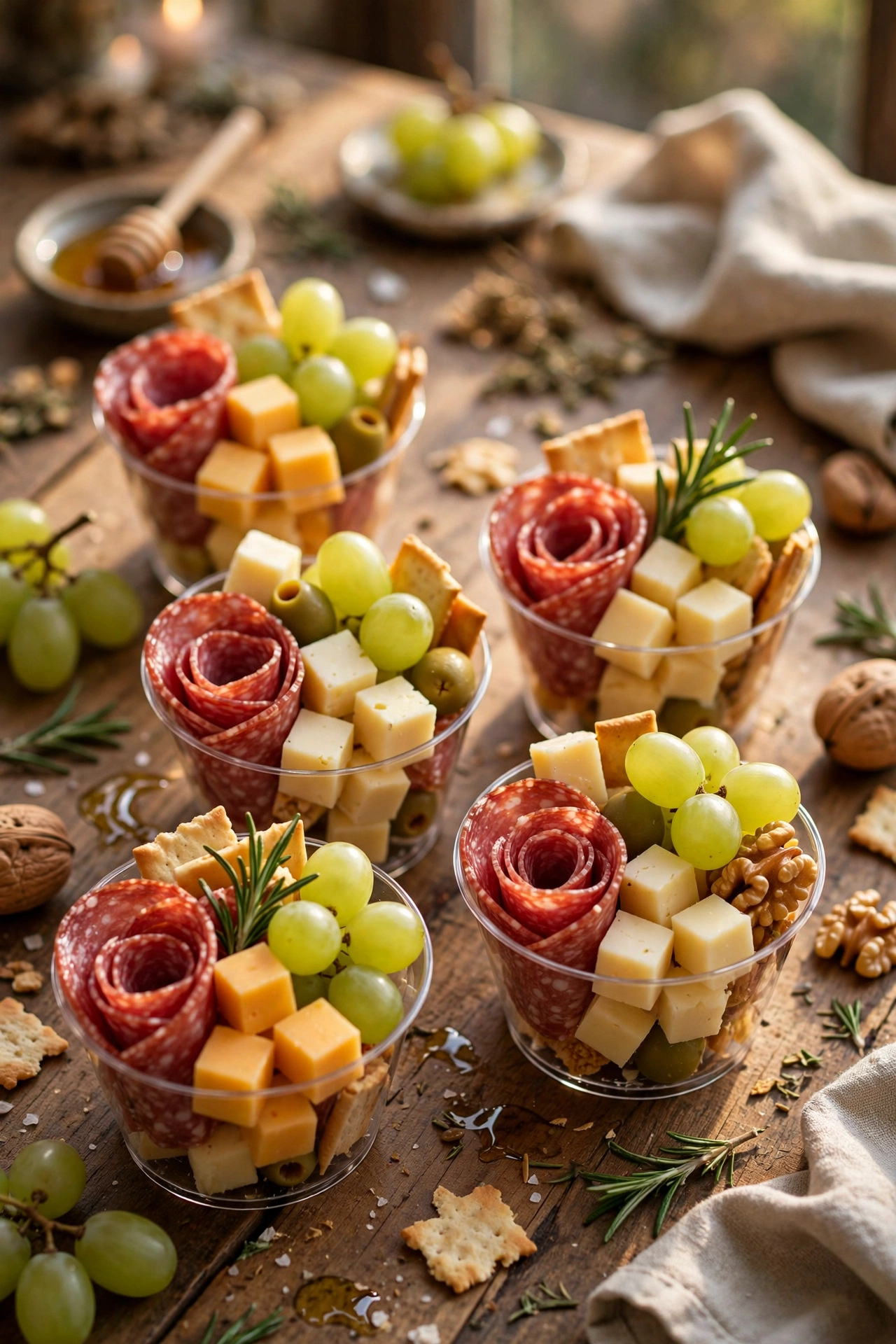 Individual charcuterie cups with salami, cheese, and grapes on a party table