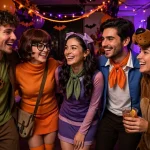 Group of friends in Scooby gang Halloween costumes at a party