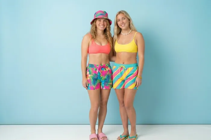 Girls beach party outfit board shorts bikini top bucket hat platform slides shell necklace flip flops summer