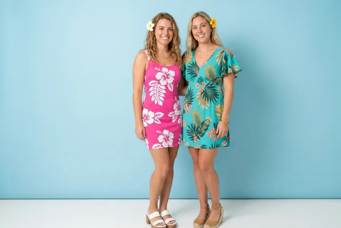 Girls beach party outfit floral mini dress hot pink hibiscus turquoise tropical leaf platform sandals espadrilles flower clip