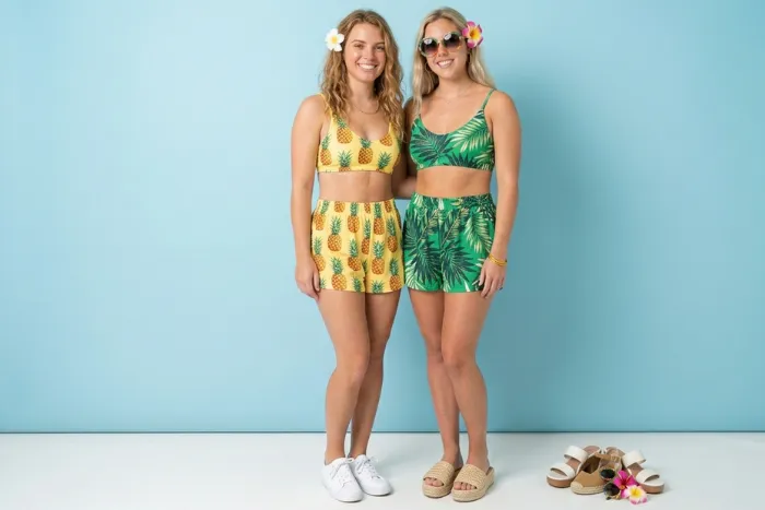 Girls beach party outfit matching tropical set pineapple yellow palm leaf green bikini top high waisted shorts sneakers