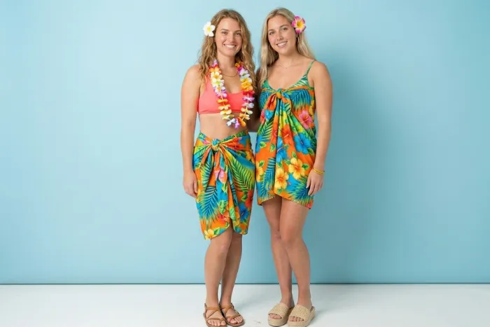 irls beach party outfit tropical print sarong wrap skirt strapless dress bikini flower lei flat sandals versatile styling