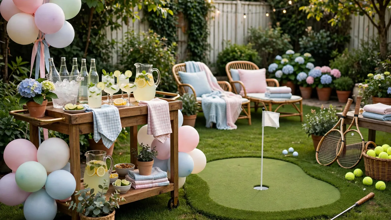 Backyard decorated for a golf pros and tennis hoes party