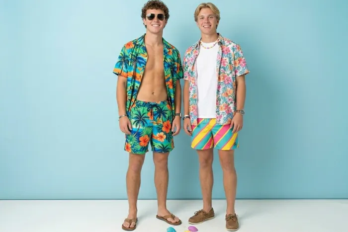 Guys beach party outfit bold tropical board shorts open Hawaiian shirt flip flops sunglasses boat