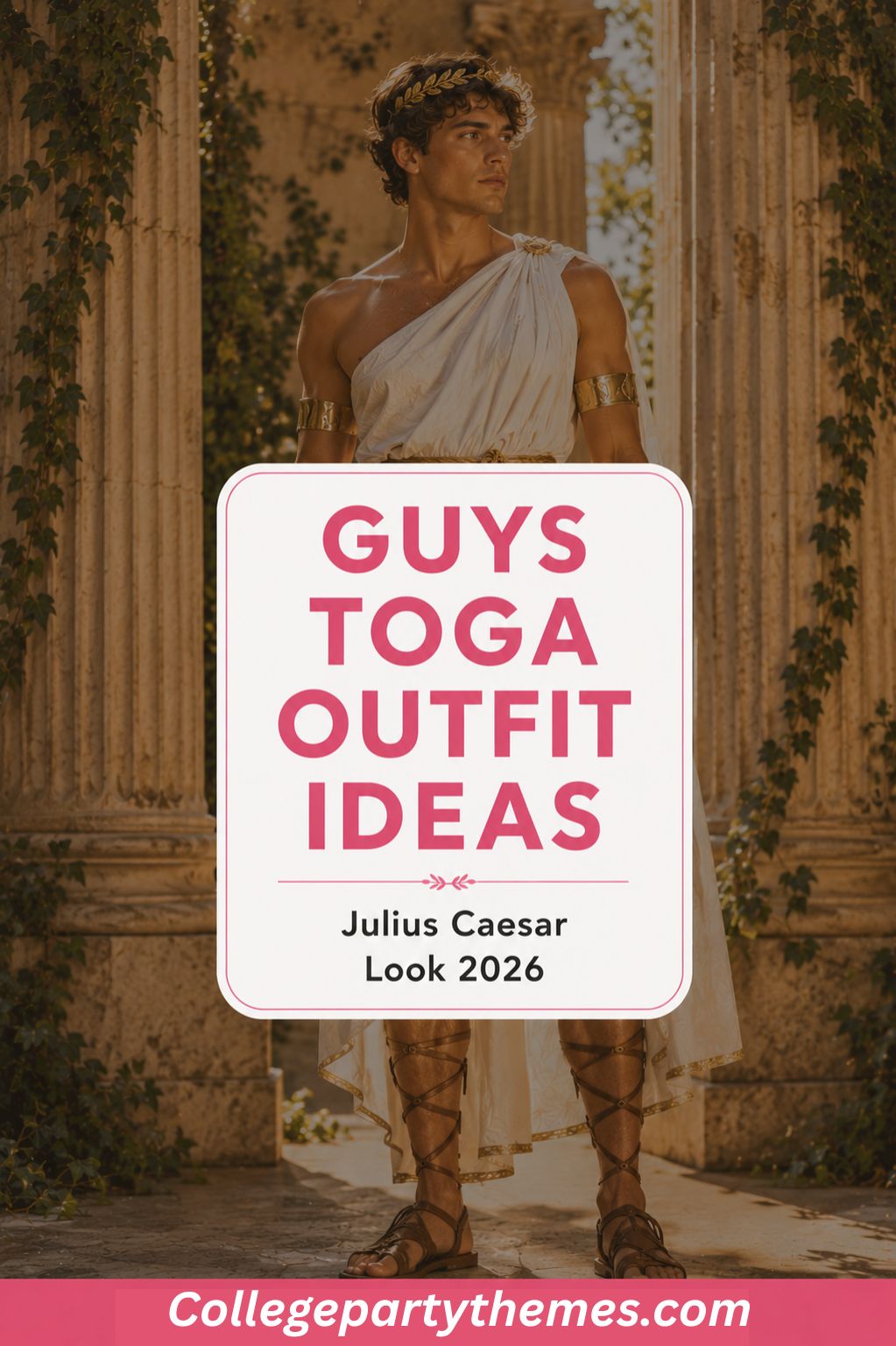 Guys toga outfit ideas Julius Caesar look white toga gold laurel crown rope belt Roman sandals arm cuffs