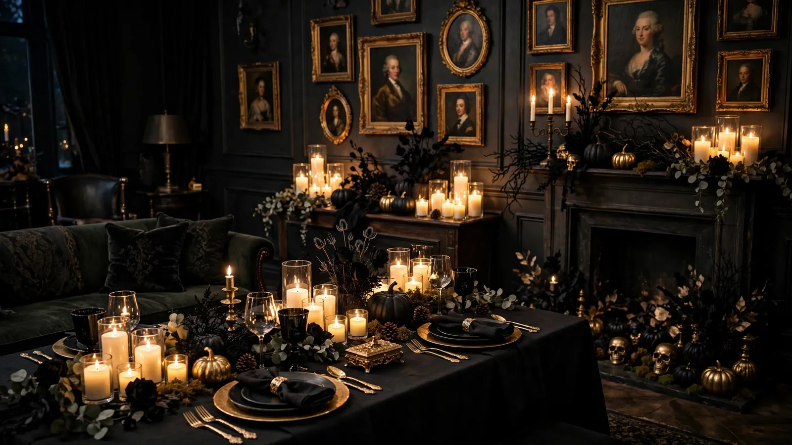 Moody candlelit living room decorated for an adult Halloween party