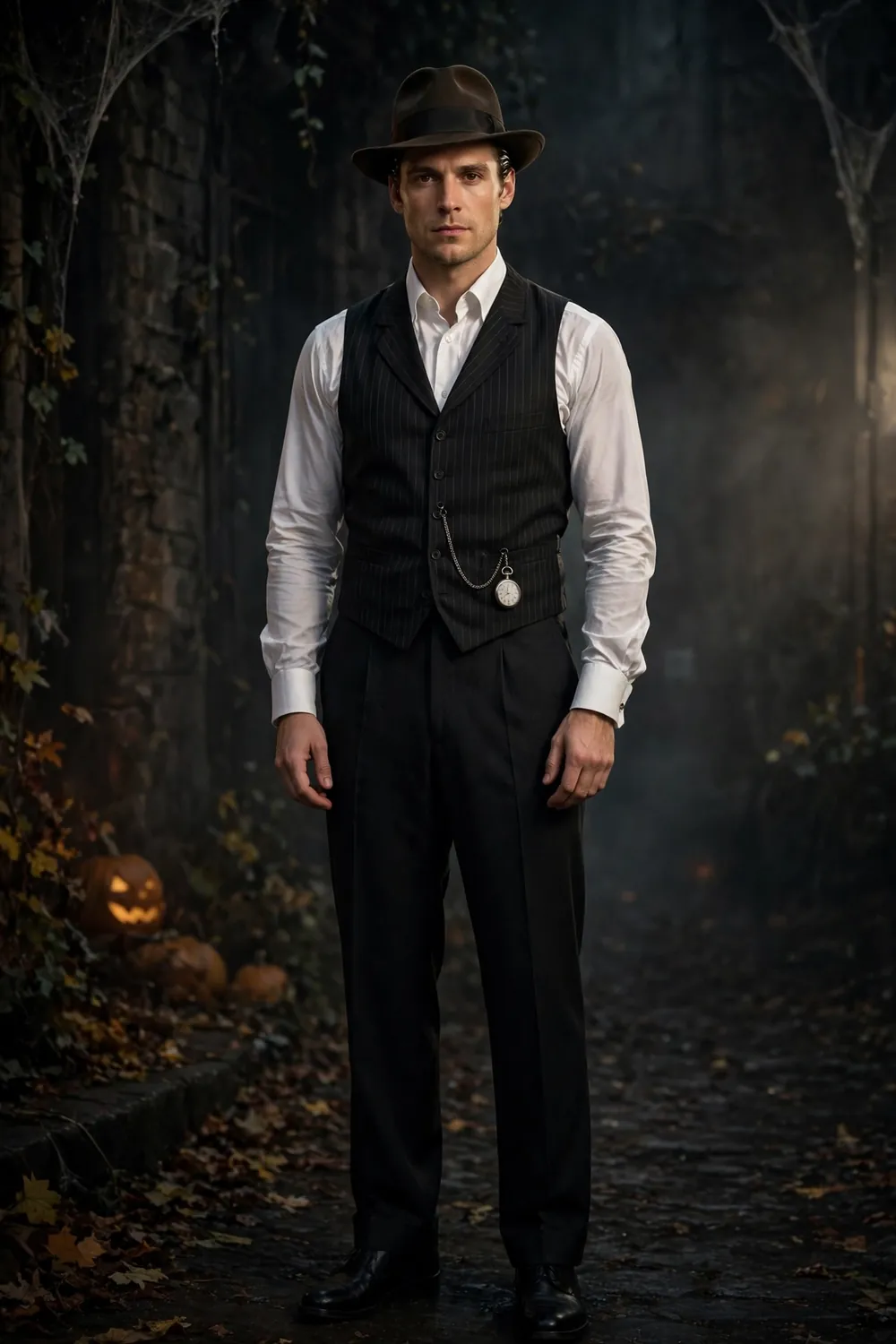 Man in a 1920s gangster Halloween costume