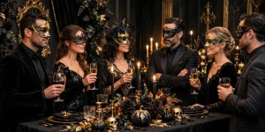 Elegant adult Halloween party with guests in masquerade costumes