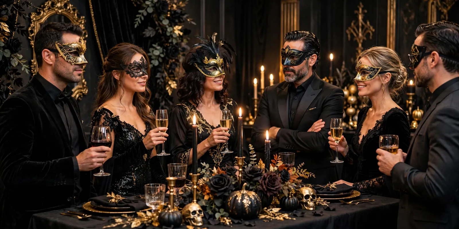 Elegant adult Halloween party with guests in masquerade costumes