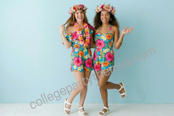 College girl wearing bright Hawaiian floral romper off shoulder flower crown leis luau party