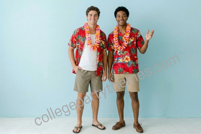 College guys wearing bold Hawaiian print shirt board shorts flip flops flower lei luau party