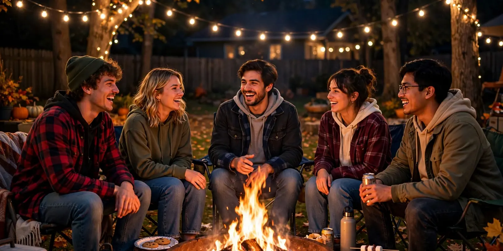 Friends gathered around a glowing bonfire in a backyard at night with string lights