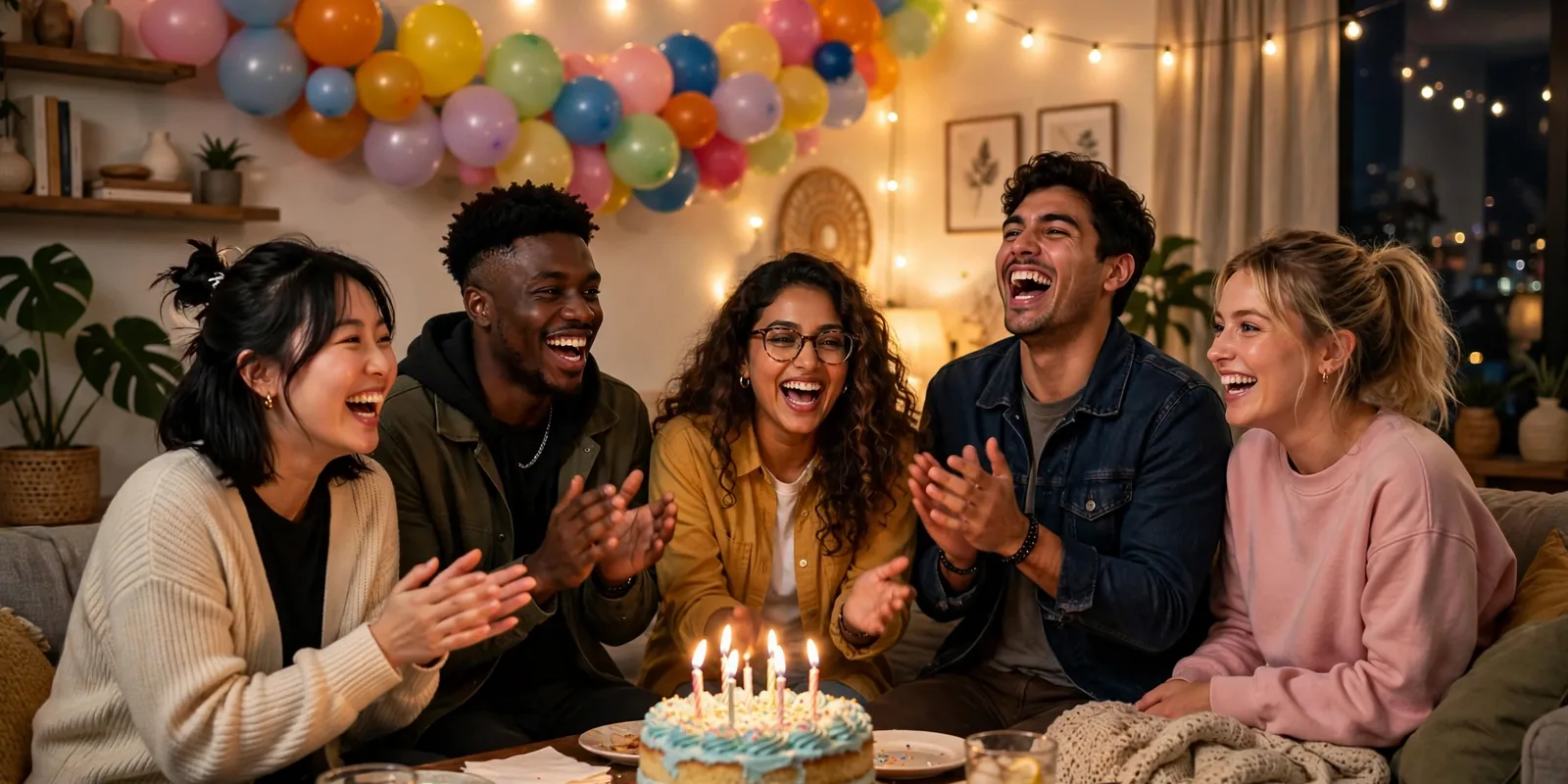 Young adults celebrating a birthday party with balloons, cake, and string lights