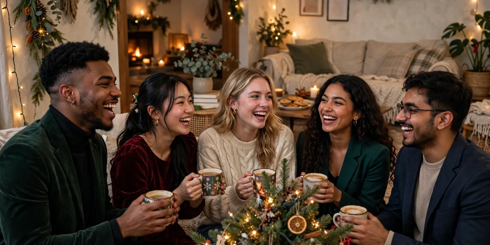 College friends in festive Christmas outfits celebrating around a decorated Christmas tree with warm string lights