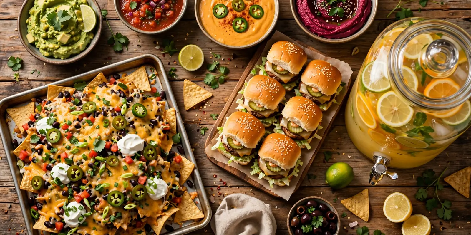 Overhead view of a full party food spread on a rustic wooden table with nachos, sliders, dips, and punch
