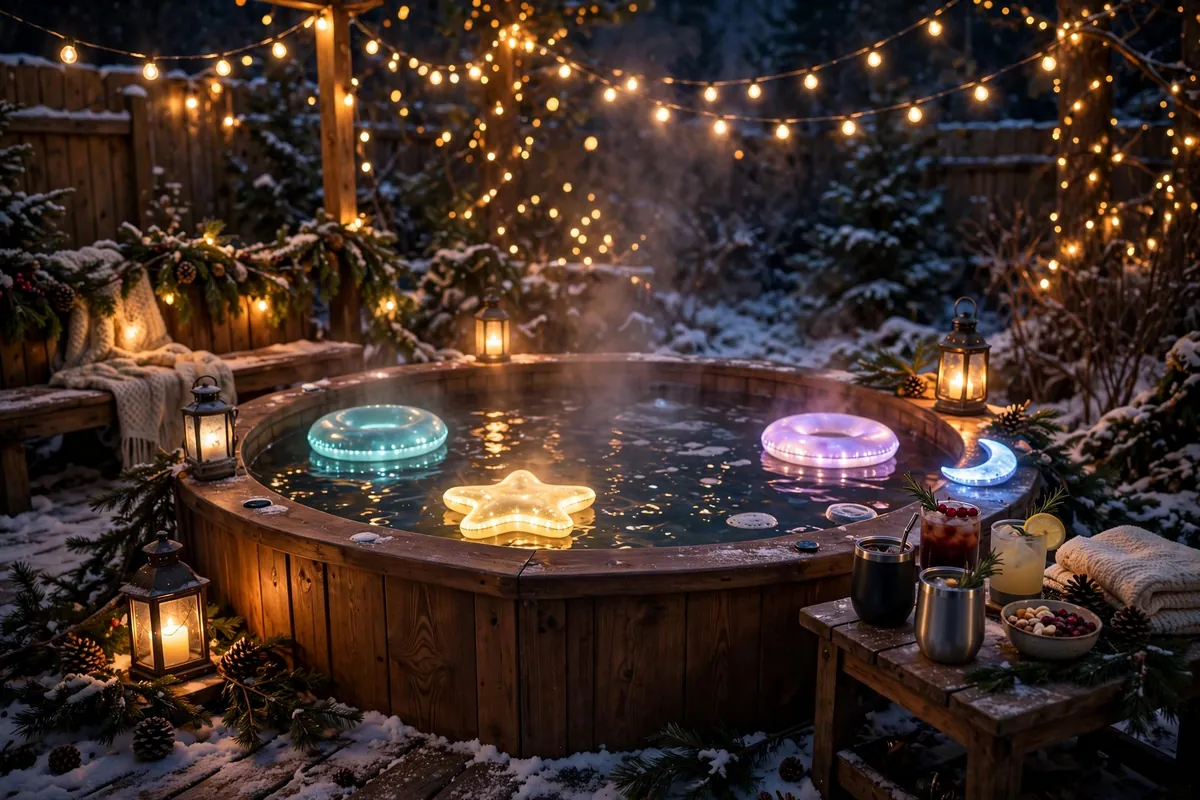 Hot tub decorated with warm string lights, floating LED lights and privacy curtains in a backyard at night
