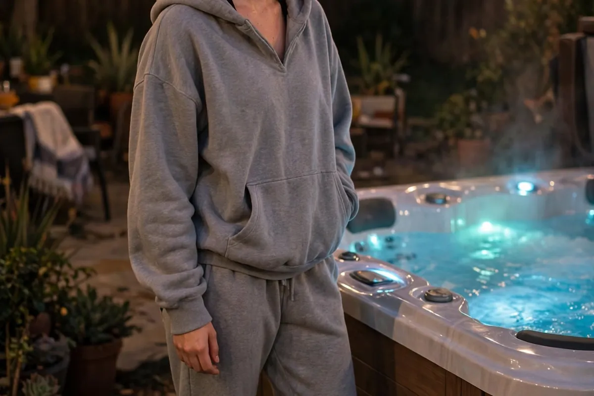 Young woman in fleece joggers and a cozy pullover wrapped in a towel after soaking in a hot tub