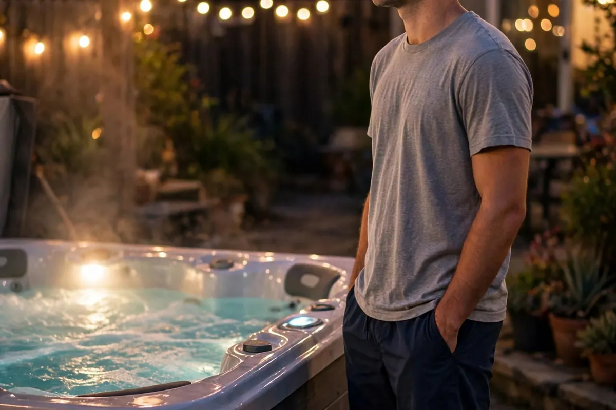 Young man in board shorts with an open striped t-shirt over his shoulders at a hot tub party