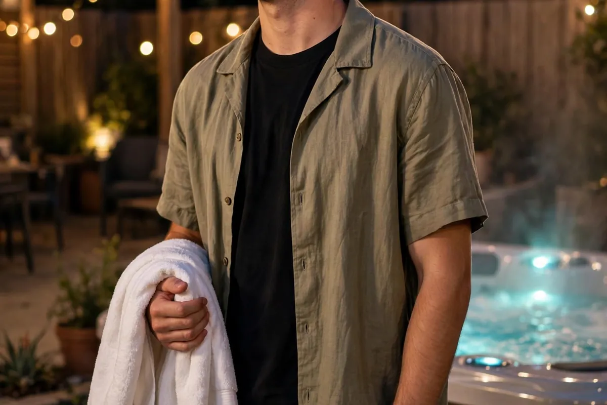 Young man in patterned swim trunks and an unbuttoned short-sleeve camp shirt beside a hot tub