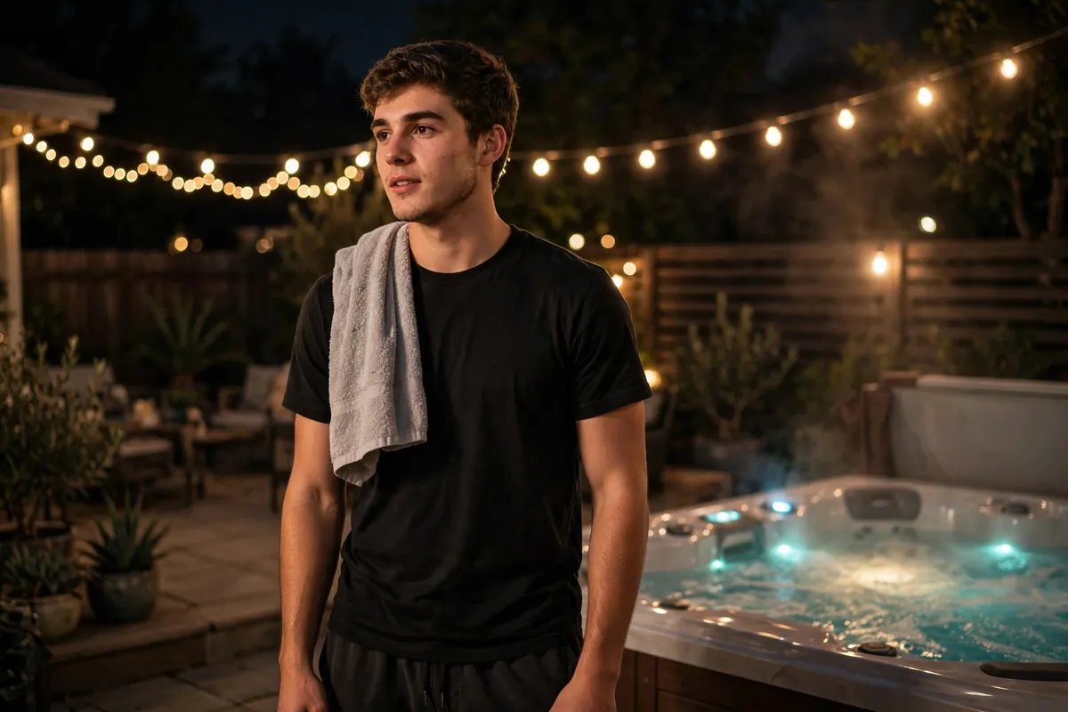 Young man in athletic shorts and performance tee with a hooded towel at a backyard hot tub party