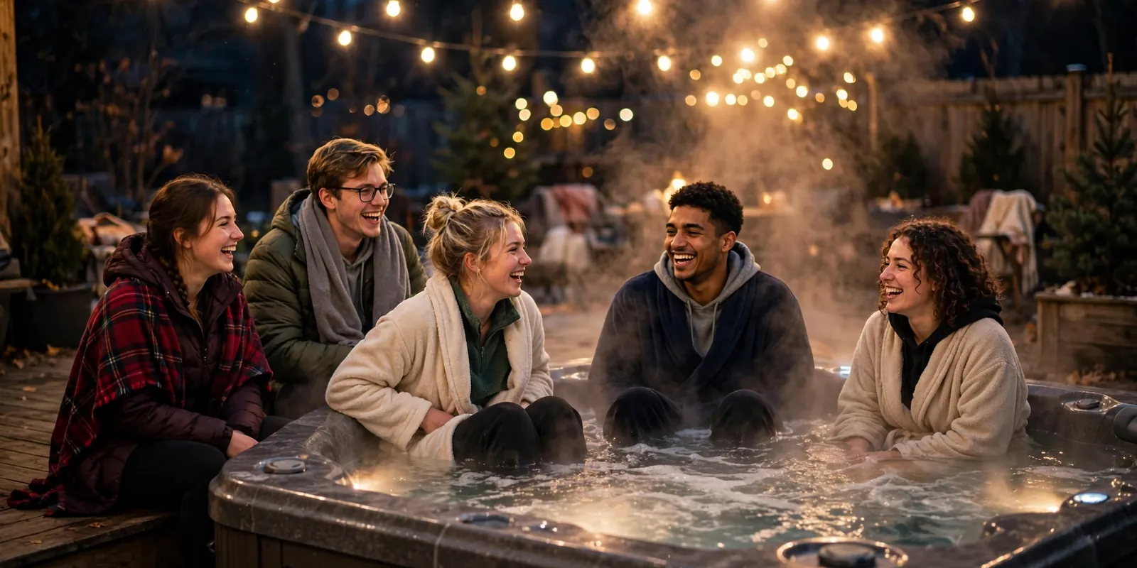 Backyard hot tub party at night, string lights overhead and friends relaxing in steamy water
