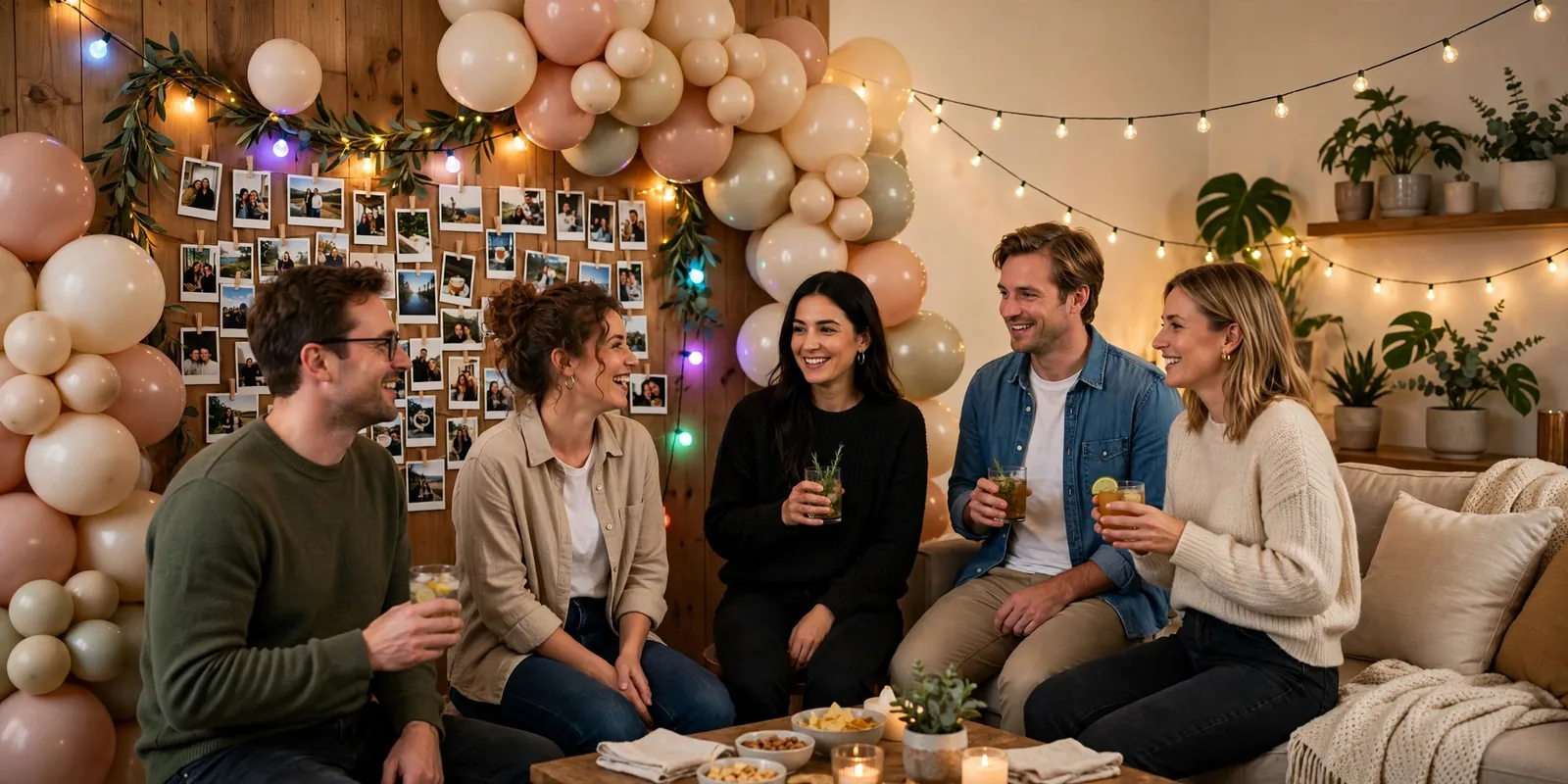 Living room transformed with neon string lights, themed backdrop and party decorations